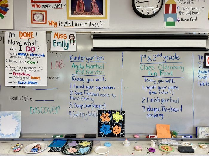 A classroom whiteboard with the day's art lesson plan. In the upper left corner is a sign advising kids what to do when they're done with their project.